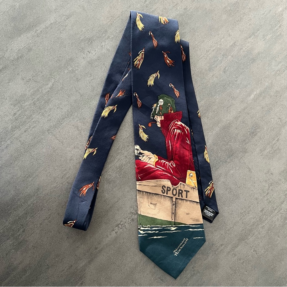 VTG 1994 Norman Rockwell Fly Fishing Fisherman Silk Tie‎ Saturday Evening Post